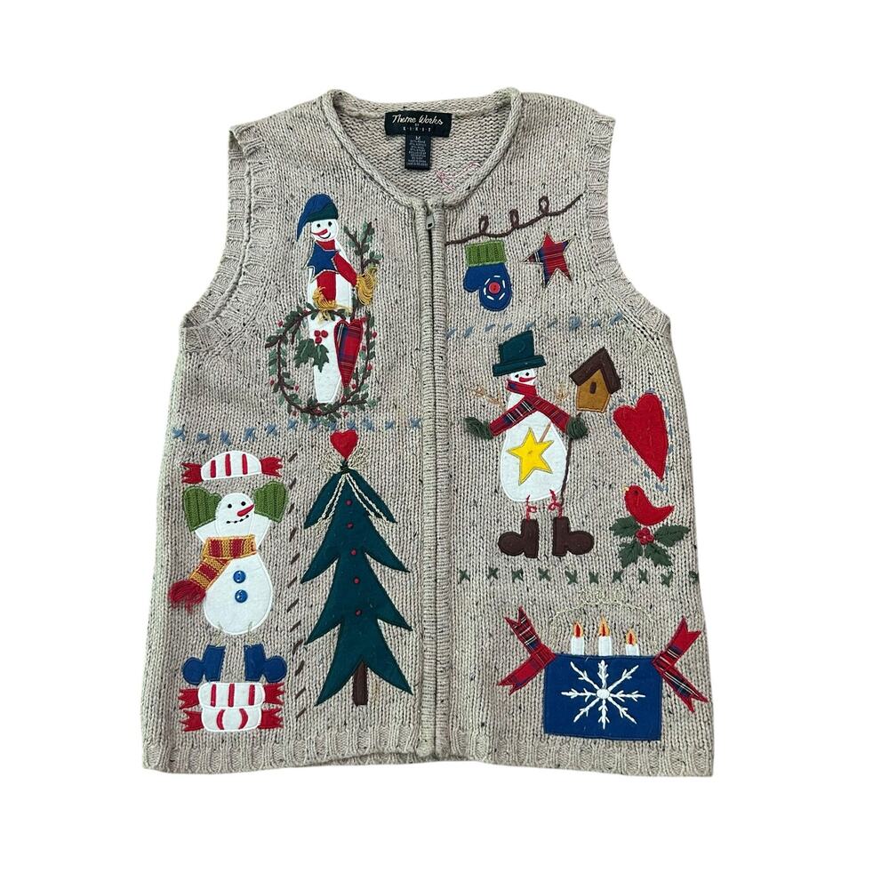 Vintage Y2K Snowman Christmas Zip Sweater Vest • Cozy Grandma Core • Medium -